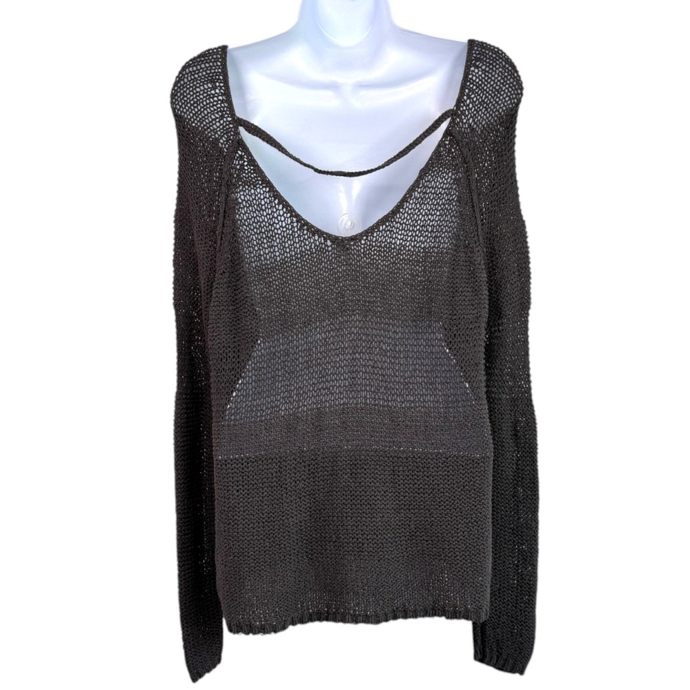 Free People Open Knit Linen Silk Cotton Sweater M Gray Boho Slouchy Beach Indie - Picture 4 of 8